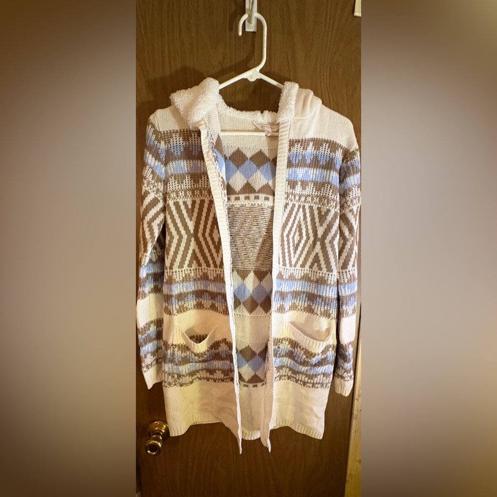 No Boundaries Women's Hooded Cardigan - Blue and Cream